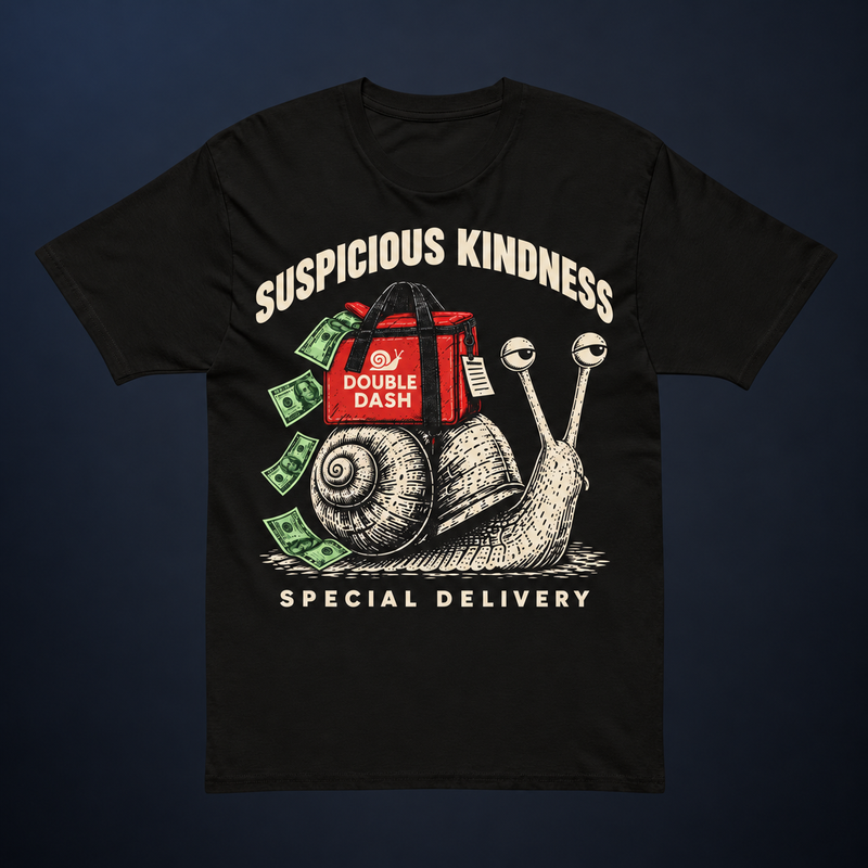 Double Dash Special Delivery black tee, front flatlay with Suspicious Kindness snail graphic, red delivery bag and green bills, on a dark charcoal studio background.
