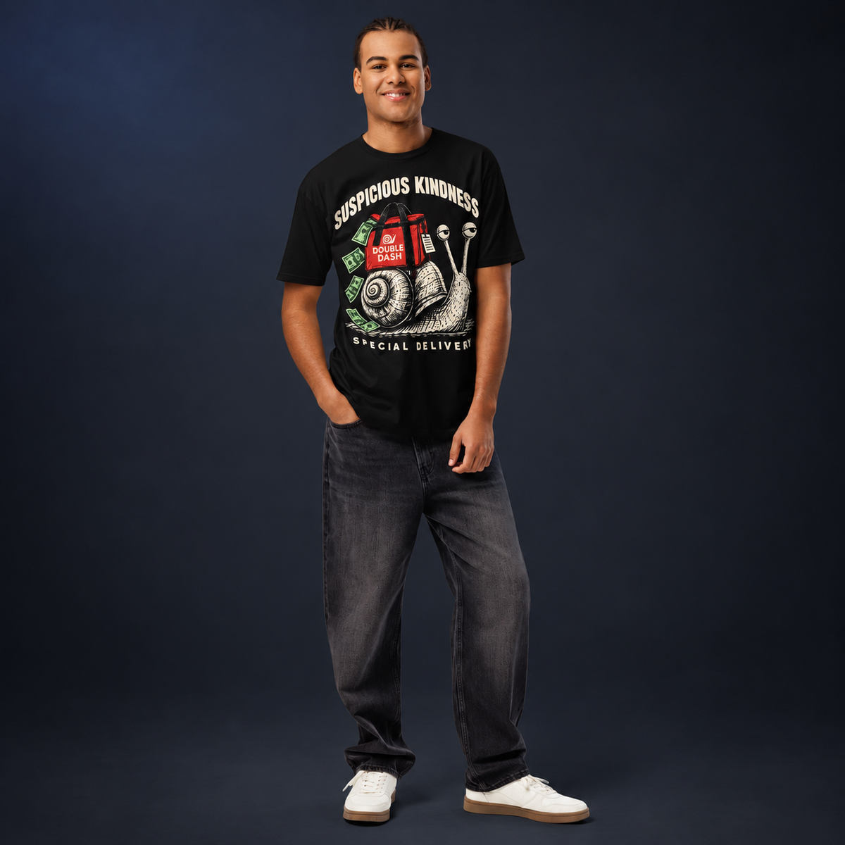 Model wearing the black Double Dash Special Delivery tee with its front snail graphic, shown against a dark charcoal studio background.