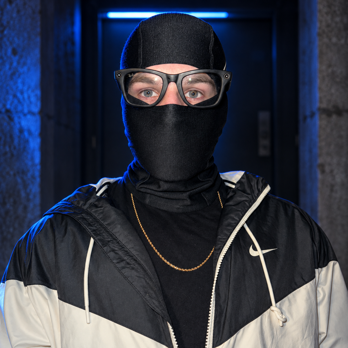 Suspicious Kindness in a black face covering and rectangular glasses, wearing a black-and-cream jacket in a dark doorway with cobalt lighting. Stylized portrait based on the creator's profile photo.